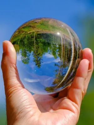 Glaskugel in Hand, in der sich ein Bild von einem Wald auf dem Kopf spiegelt